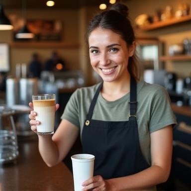 Smiling barista preparing a coffee behind the counter at The Entrance Cafe