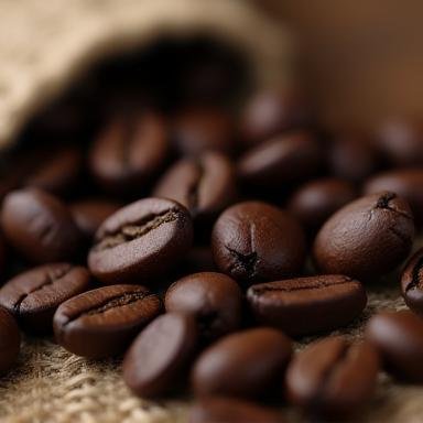 Macro shot of roasted coffee beans scattered on a surface, showing texture