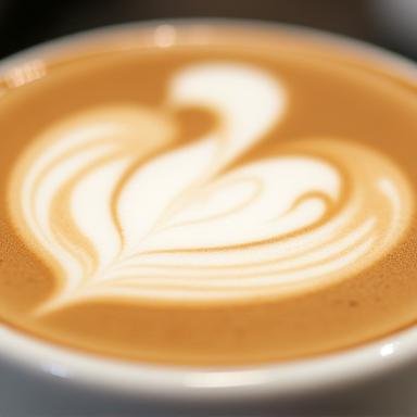 Close-up of detailed latte art in a coffee cup