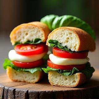 A fresh Caprese sandwich cut in half, showing layers of mozzarella, tomato, and basil on artisan bread