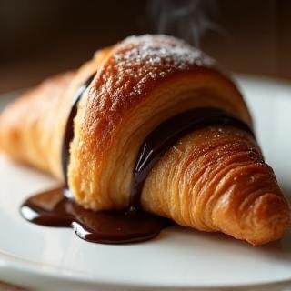 A warm, flaky chocolate croissant on a white plate, with melted chocolate visible